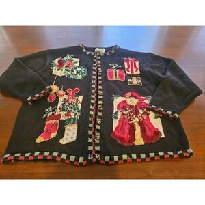 Stitches in Time Womens Sweater Christmas Holiday Folk Art Santa Claus‎ 2XL